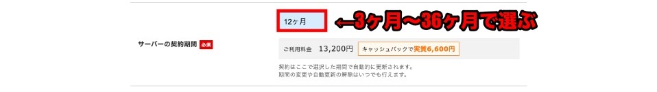サーバーの契約期間を3~36ヶ月の間で決める