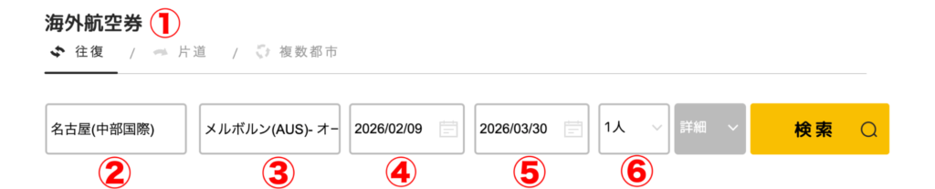 サプライスの予約画面で国や都市日付を入力する画像