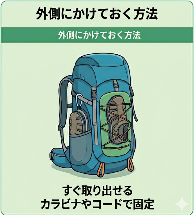 サンダルをバックパックの外側にかけて置く方法