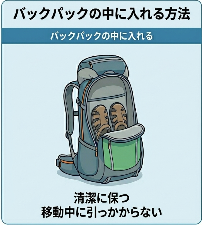 サンダルをバックパックの中に入れる方法